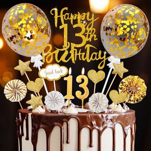 Torten Deko 13 Geburtstag, 20 Pcs Cake Topper Gold Deko 13. Geburtstag Mädchen Junge Offiziell Teenager, Happy 13th Birthday Tortendeko mit Geburtstagskerzen, Kuchendeko 13 Jahre