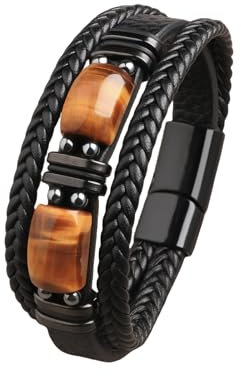 GAUEIOUR Tiger Eye Crystal Black Leather Bracelet,Retro Punk Multi-layer Weave Rope Leather Men's Jewelry,Accessories,Gifts