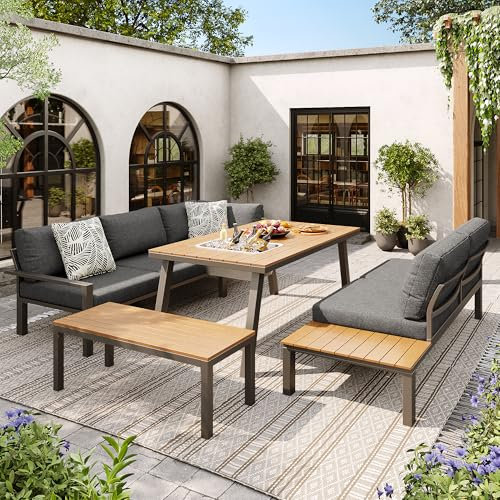 Moimhear Garten-Lounge-Set für 6-7 Personen, geeignet für Garten, Essgruppe, Gartenmöbel-Set, Gestell aus verzinktem Eisen (Grau + Holzfarbe (5-teiliges Set))