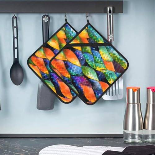 2 Pcs Pot Holders with Pocket Kitchen Pot Holder Set Heat Resistant Potholder Non Slip Oven Mitts Washable Hot Pads Rainbow Fish Scale Oven Gloves for Baking Cooking Gift 8 x 8 Inch