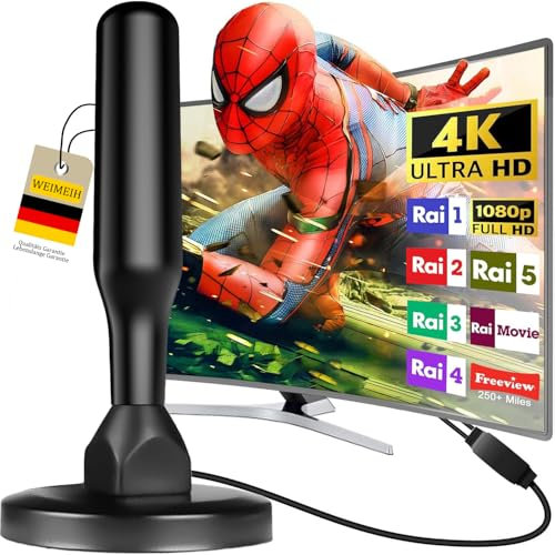 Antenna TV Interna 2025 Antenna TV Interna Amplificata Potente, Terrestre con 450 km di Ricezione con Base Magnetica, Amplificatore di Segnale Support 4K HD/1080P per HDTV
