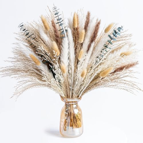 103 Pcs Pampas Grass, Dried Flowers Bouquet, Natural Pampas Grass with Eucalyptus and Bunny Tails, Dried Flowers for Vase, Wedding Table Decorations, Room Decor, Baby Shower, Home Decoration