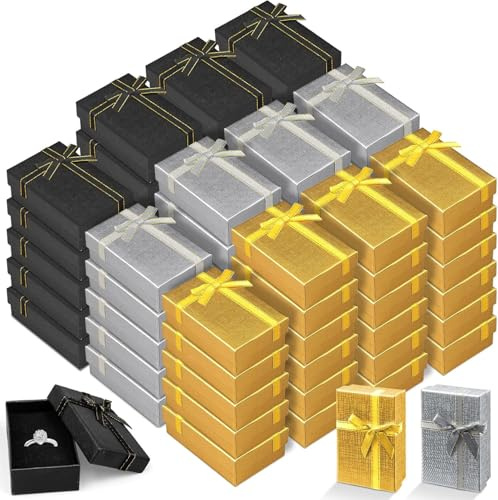 TESIN 72 Stück Schmuck Geschenkboxen Set – Kleine Geschenkboxen mit Deckel & Schleife – Rechteckige Karton Verpackung für Ringe, Ohrringe, Ketten – Papier Geschenkverpackung in Schwarz, Silber, Gold