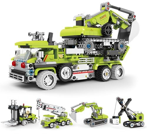 4 IN 1 Stadt Konstruktion LKW Bausteine Bausatz, Engineering Fahrzeuge Modell Klemmbausteine mit Muldenkipper, Bagger, Kran, STEM Lernspielzeug, Geschenkideen für Kinder im Alter von 6+ (912 Stücke)