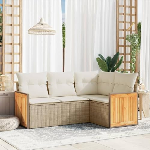 QJBSAVVA 4-TLG. Garten-Sofagarnitur Beige 62x62x69 cm Poly-Rattan Ecksofa Mittelsofa mit Armlehne platzsparendes Balkonmöbel für kleine Balkone Terrasse Garten Lounge Set Outdoor