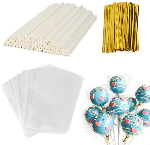 300 Stück Cake Pop Stiele Set, 100 Stiele für Cake Pops aus Papier | 100 Paketsäcke und 100 Krawatten Verdrehen, Lollipop Sticks für Cakepop, Lollipop, Hartbonbon