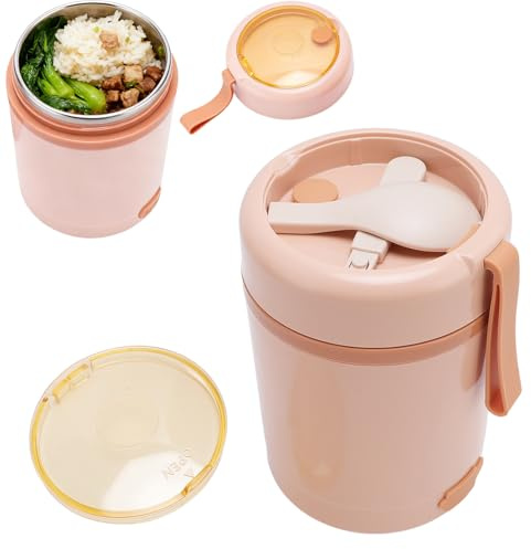 YUEHISY Electric Lunch Box, Portable 304 Stainless Steel USB Food Warmer, 60°C Constant Temp & Leakproof, Insulated Food Jar with Spoon for Office (Pinkish)