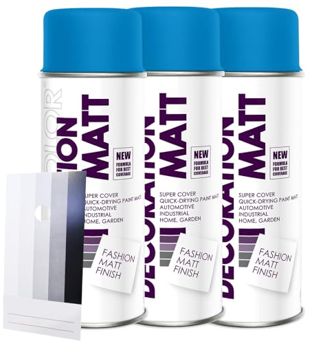 Craft-Equip DC 3 Stück Lackspray Matt nach RAL in 400ml zur Lackierung von Auto Stahl Aluminium Beton Holz und Spritzmusterkarte (3 Dosen in himmelblau MATT RAL 5015 + Karte)