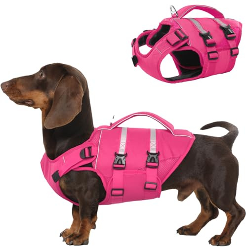Kuoser Schwimmweste Hund klein, Hundeschwimmweste mit Griff, Rosa S | Rettungswesten für Hunde mit Reflektierend, Verstellbare Hunde Schwimmweste für kleine Hunde mit Verbesserter Auftrieb