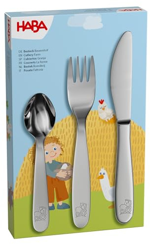 HABA Kinderbesteck Bauernhof – 3-teiliges Besteck-Set ab 3 Jahren | 3-teilig, Edelstahl, spülmaschinengeeignet – ideal zum Essenlernen
