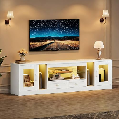 Weißes TV-Möbel, TV-Schrank mit LED für das Wohnzimmer, 180×32×50,5CM | Geeignet für Fernseher bis zu 75 Zoll, 2 Schränke für PS5, 2 Schubladen, verstellbare Ablagen, einfache Montage