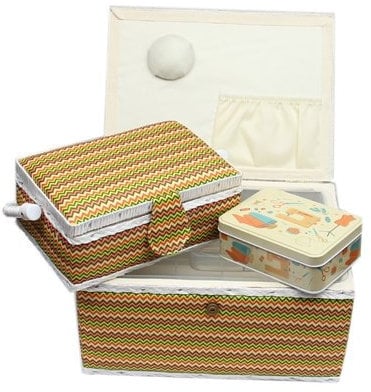 Ackermann Nähkorb-Set mit Tragegriff (1x groß und 1x mittel) + 1x kleine Accessoires-Box aus Metall (mit Zubehör), Marke Nähkorb Nähschatulle Nähkästchen Nähkasten (bunt weis,rot,gelb,schwarz)