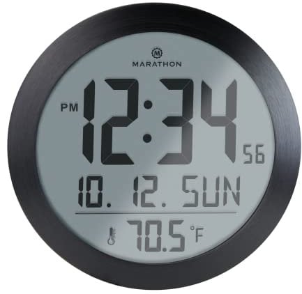 Marathon Miami - Reloj de Pared Digital Redondo silencioso, termómetro Integrado, Montaje en Pared o Soporte de Escritorio, Pantalla Grande, Calendario, Gran número, Color Negro
