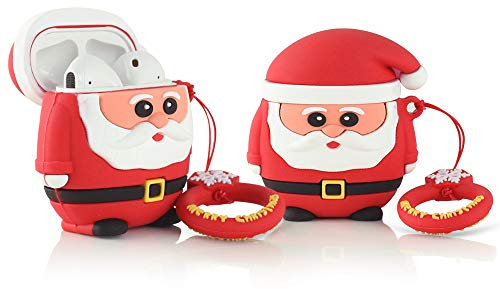 Newseego Kompatibel mit AirPods Schutzhülle, Cartoon 3D Cute Funny Soft Rubber Stoßfeste Schutzhülle, Airpods Silikon Schutzhülle mit Ringschnalle Karabiner für Airpods 1&2 - Santa Claus