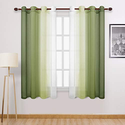 DWCN Durchsichtige Vorhänge aus Kunstleinen, Ombre-Optik, halb-Voile, Farbverlauf, Gardinen für Schlafzimmer und Wohnzimmer, Set mit 2 Ösen, Fenstervorhang, 132 x 183 cm, olivgrün
