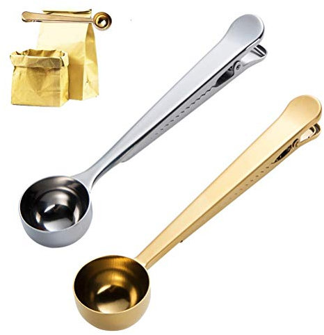 Kuou 2-in-1 Stainless Steel Coffee Scoop & Sealer - 2 Pack with Bag Clip for Ground Coffee, Milk Powder (Silver & Gold)