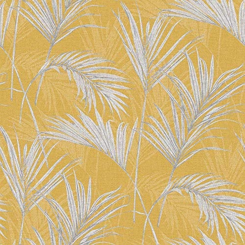 Myriad Palm Springs Fern Wallpaper Mustard Grey Shimmer Tropical Textured Botanical