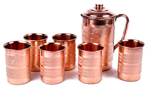 METALLIC INDIA Pichet en cuivre de Couleur Marron - 2000 ML et 6 Ensembles de Verre (400 ML chacun)
