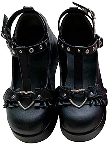 LLDG Damen Lolita Lederschuhe Plateau Mary Jane Halbschuhe Blockabsatz Cosplay Schuhe Retro Riemchen Pumps mit Schleife Pumps Schnallenriemen Runde Zehen Wohnungen Flacher Mund Prinzessin Schuhe