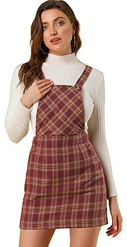 Allegra K Damen A Linie Verstellbare Hosenträger Kariert Latzkleid Kleid Burgund L