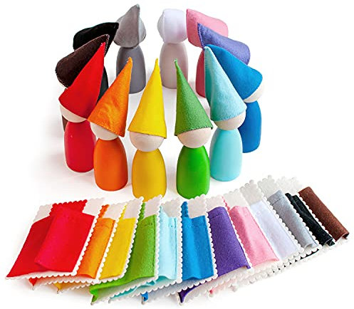 Ulanik Große Steckpuppen mit Hüten und Betten Montessori Holzspielzeug Sortierspiel 12 Zwerge 85 mm Ab 3+ Jahre Lernspielzeug für Vorschule für Farbsortierung und Zählen