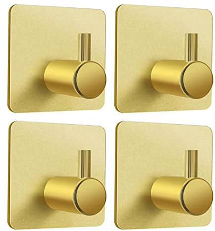 Mairhie Self Adhesive Wall Hooks 4 Pack, Gold Stick on Coat Hooks Wall Mounted, Sticky Towel Hooks for Bathrooms Door Kitchen, Heavy Duty Hook for Hanging Towels Key Hat Robe