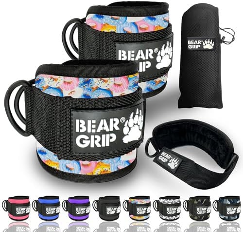 BEAR GRIP - Ankle Straps for Cables with New Fleece Design - Strong Closure, Double Stainless Steel D-Ring, Adjustable Neoprene - For Men & Women (Donut - Pair)