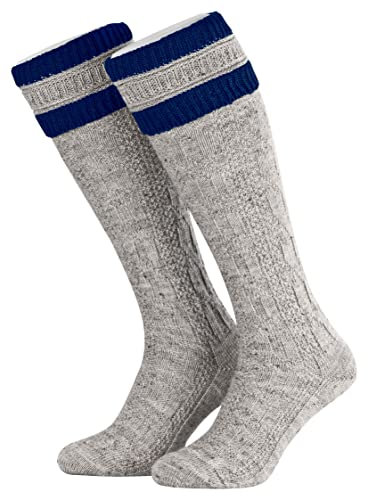 Piarini 43 44 1 Paar Herren Trachtenstrümpfe Trachtensocken Zopfmuster Trachtenstutzen Umschlag Wolle lang Nuss Royal Blau