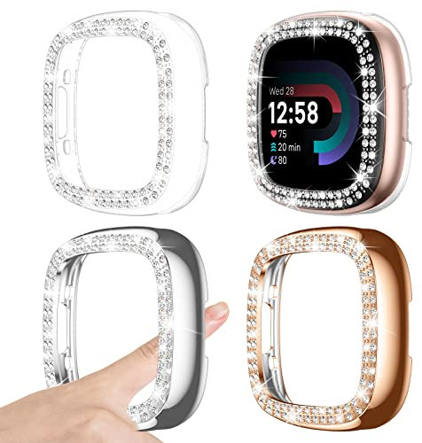 [3Stück] Kamita Diamant Schutzhülle Kompatibel mit Fitbit Versa 4/Sense 2 Hülle, Hart PC Case mit Strasssteine Bumper, Glitzer Schutz Cover für Fitbit Versa4/Sense2 Gehäuse (Klar+Silber+Roségold)