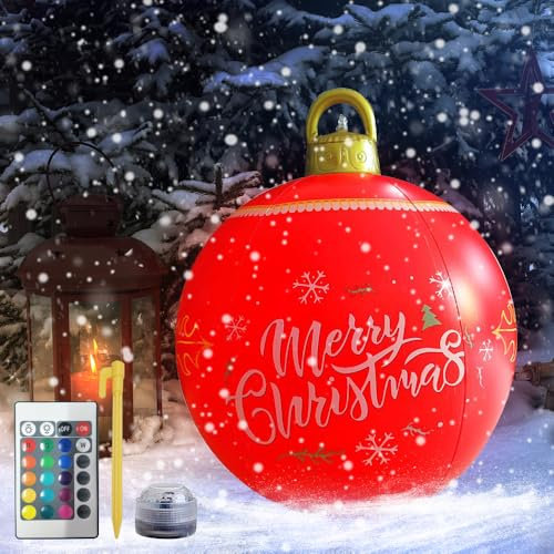 Palla Gonfiabile di Natale, CJBIN Palle di Natale Giganti da Giardino 60cm, Palle Grandi Albero di Natale con 16 Colori Led, Telecomando, Picchetto a Terra, per Decorazioni Natalizie Esterni, Cortile