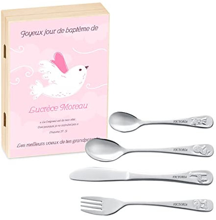 Maverton Set de couverts de table personnalisé dans boîte en bois imprimée - couvert bebe - Thème Animal - Cadeau bapteme fille - Pour filles - Cadeau bébé - Coutellerie gravée - petit ange - oiseau