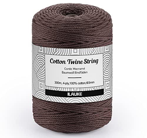 Baumwollgarn Makramee Premium,3mm x 300m Natürliches Baumwollseil für Basteln,Wandteppichen,Blumenampel,Dicke Macrame Garn für DIY Handwerk Stricken Pflanze Aufhänger Boho Deko(Braun)