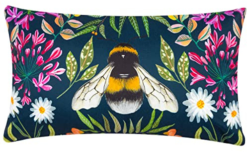 Wylder Nature House of Bloom Zinnia Bee Polyester Filled Outdoor Cushion, Navy, 30 x 50 cm