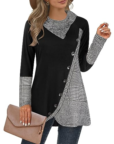 Cestyle Womens Long Sleeve Cowl Neck Asymmetrical Hemline Flowy Tunic Top, 1# Houndstooth, XXL