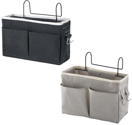 Disnace 2Pcs Betttasche Bett Organizer Hängetasche Aufbewahrungstasche, Hängetasche Faltbares Leinen Stoff Wand Hängender Körbe Organizer für Buch Spielzeug für Schlafzimmer Badezimmer (Schwarz+Grau)