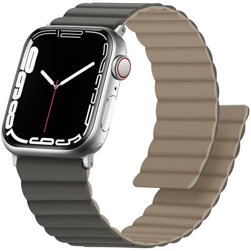 Anlinser Correas Compatible con Correa Apple Watch 49/46/45/44/42/41/40/38mm, Pulsera Magnética Reversible de Doble Cara para iWatch Ultra Serie 10/9/8/7/6/5/4/3/SE (42/41/40/38, Gris/Café)