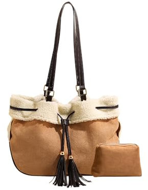 CORIOS Damen Wildleder Schultertasche Lammwolle Handtasche Große Plüsch Tragetasche Kordelzug Eimer Taschen Kunstfell Flauschige Tote Beutel Retro Henkeltaschen 2pcs Khaki