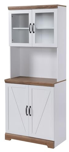 HOMCOM Mobile Dispensa Alto da Cucina con Armadietto Superiore e Inferiore a 2 Ante e Piano di Lavoro, in MDF, 72x40x178 cm, Bianco e color Legno