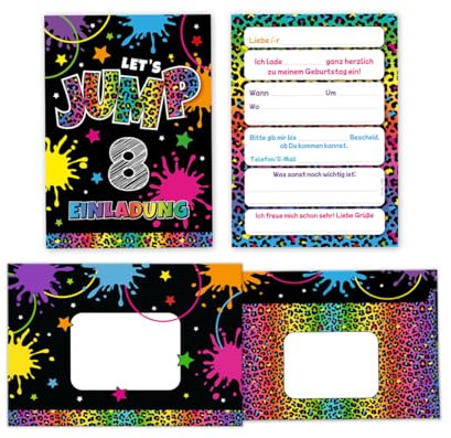 Minkocards 12 Einladungskarten incl. 12 Umschläge zum 8. Kindergeburtstag Mädchen Jump Trampolin Einladungen achte Mädchengeburtstag Geburtstagseinladungen
