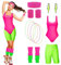HIQE-FL 80er Jahre Accessoires Outfit Damen, Workout Kostüm Mit Bauchtasche, 4 Perlen Neonhalsketten für Karneval, Fasching, Mottoparty