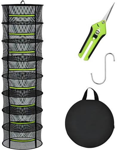 8 Layer Herb Drying Rack - 2ft Diameter Net Plant Mesh Drying Rack with Green Zippers, Bonus Hook and Garden Shears Drying Rack Herbs Hanging for Hydroponics Bud Seed Flower Vegetables & Fish Food
