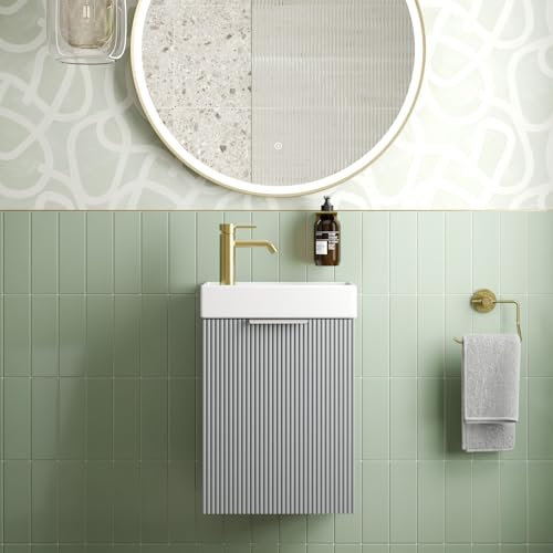 BAYSTONE® Fluted 400mm Bathroom Vanity Unit Ceramic Wash Sink, Cloakroom Storage Furniture Under Basin Cabinet Wall Hung Cupboard, Matt Grey