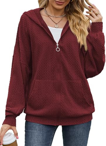 PANOZON Femme Sweat À Capuche Fermeture Éclair Hooded Cardigan Cordon Sweat-Shirt Loisir Ample Outerwear avec Poches(XXL,Vin Rouge)