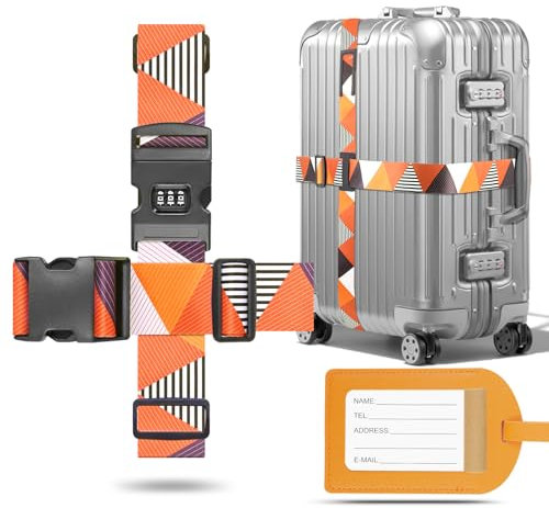 Metamorisy,Koffergurt kreuzgurt mit Kofferanhänger,kofferband auffällig,koffergurt mit zahlenschloss,Verstellbare koffergürtel,Luggage Strap (Orange)