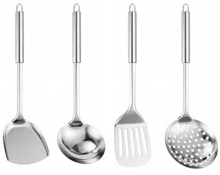 4 Pieces Stainless Steel Kitchen Utensil Set, Spatula, Ladle, Wok Spatula, Soup Colander and with Long Stainless Steel Handle. 4Pcs Round Handle