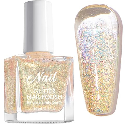 Sparkly Gold Glitter Nail Varnish - Reflective Sparkle Quick Dry Shimmer Nail Polish - Long Lasting, Breathable - No UV Lamp Needed