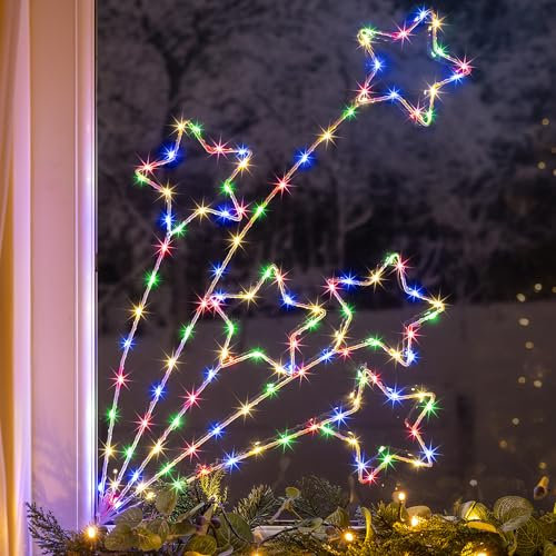 CHRISTOW Shooting Star Christmas Light, Multi Coloured Flashing Micro LED Decoration, Wire Frame Silhouette, Indoor Outdoor Wall Window, Mains Operated (H58cm x W35cm)