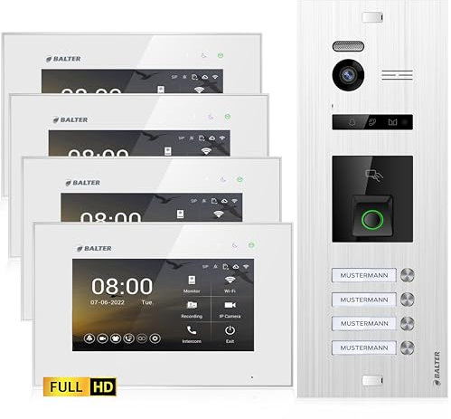 Balter EVO-HD Video Türsprechanlage mit Fingerprint, Video Türklingel, 4 Familienhaus, 3X 7 Zoll Monitore, Türklingel mit Kamera Full HD, 2 Draht Bus, 175° Weitwinkel, RFID,1080P