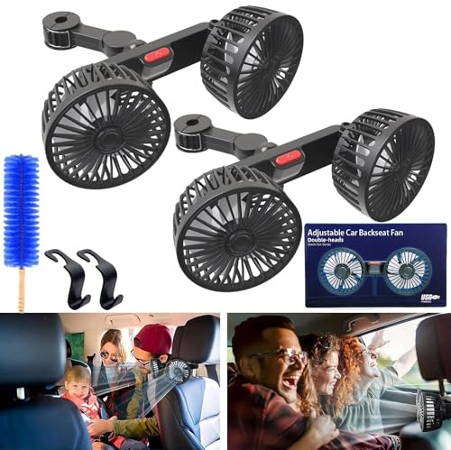 Adjustable Car Backseat Fan, 2024 New Car Fan, Dual Head USB Car Seat Fan, 360° Rotatable 3 Speeds Air Circulation Fan for Baby, USB Car Headrest Fan for Front Rear Seat for All Cars (2Pcs)