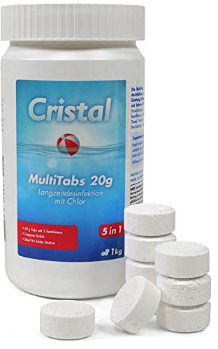 MultiTabs Chlor 1 kg mit 5 Funktionen 20 g Multifunktionstablette Langzeitdesinfektion Algenvernichtung Trübungsentfernung Chlorstabilisierung Härtestabilisator